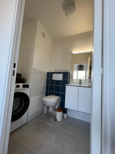 une salle de bain avec toilettes et lavabo et une machine à laver dans l'établissement AZUR Bel appartement côté mer !, à Villers-sur-Mer