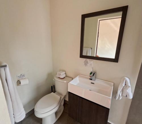 a bathroom with a toilet and a sink and a mirror at The Mermaid and The Pearl Boutique Hotel in Isla Mujeres