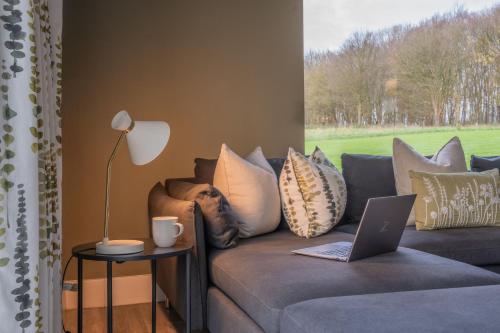 a living room with a couch with a laptop on it at Downs in Blewbury