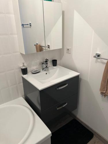 une salle de bain avec un lavabo, des toilettes et un miroir dans l'établissement Chez Laura et Alex, à Geville