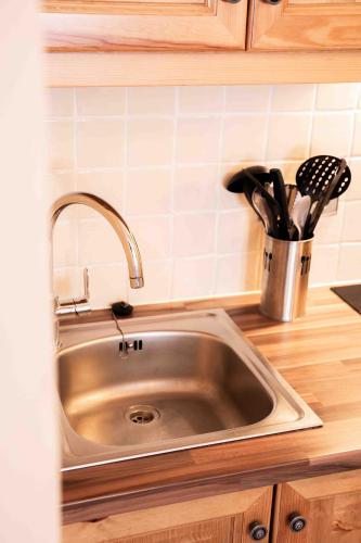 - un évier en acier inoxydable dans la cuisine dans l'établissement Arc 1950 - 2 bed ski-in ski-out with stunning views, à Arc 1950