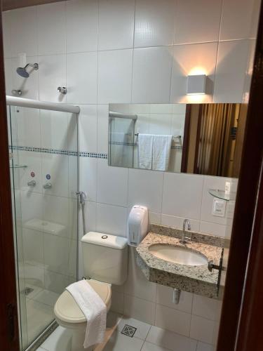 イリェウスにあるIlheus North Hotelのトイレ、洗面台、シャワー付きのバスルーム