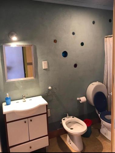 a bathroom with a toilet and a sink and a mirror at Cabaña Rodar in Villa Pehuenia