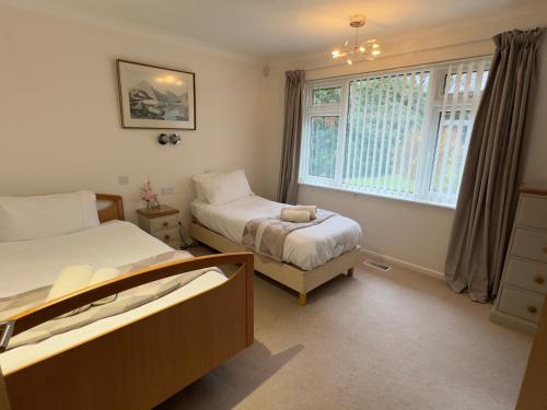 a bedroom with two beds and a window at Birchcroft Hideaway in Ferndown