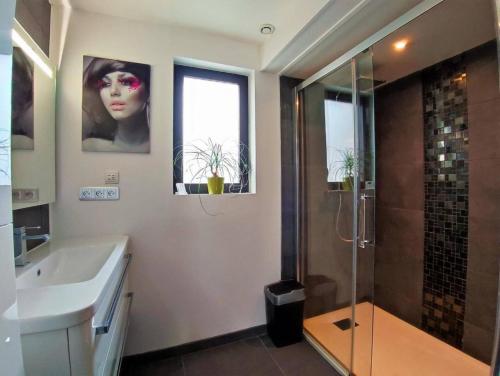 a bathroom with a shower and a sink and a glass shower stall at Gite de la Fauvelière in Touffreville-la-Corbeline