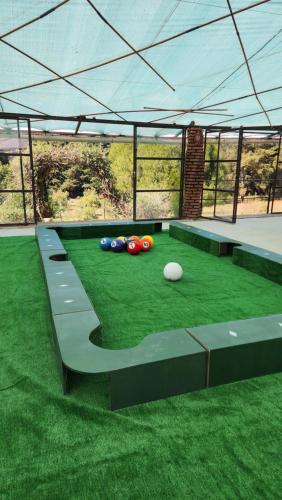 a group of balls sitting on the grass under a tent at La Villafranca del Cid in Zitácuaro