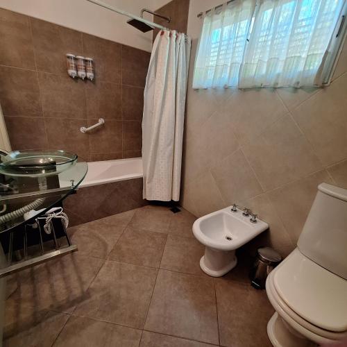 a bathroom with a toilet and a shower and a sink at Hotel Antiguo Camino in Villa General Belgrano