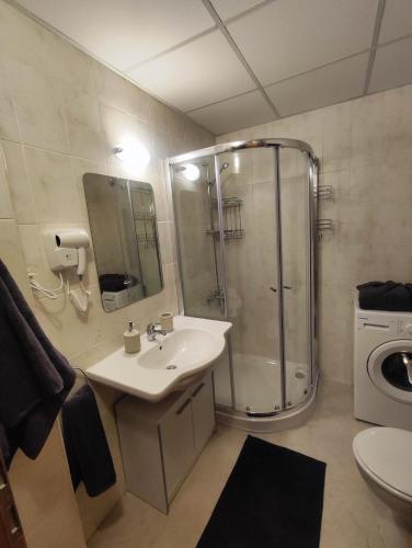 a bathroom with a shower and a sink and a toilet at Aspen Resort Studio I306 in Razlog