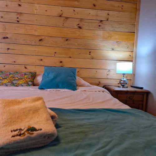 a bedroom with a bed with a wooden wall at Hotel Antiguo Camino in Villa General Belgrano