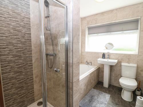 a bathroom with a shower and a toilet and a sink at H Jem in Benllech