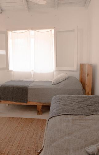 a bedroom with two beds and a window at BUSCAVIDA, Close to Cabo Polonio Petit Hotel in Rincón de los Oliveras