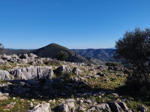 a view of a rocky hill with mountains in the background at La Ruteña in Rute