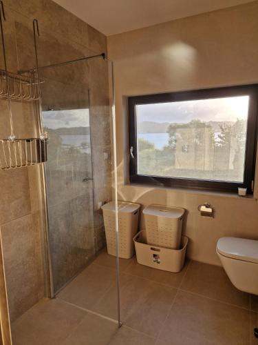 a bathroom with a shower and a toilet and a window at Villa Seaview in Nadole