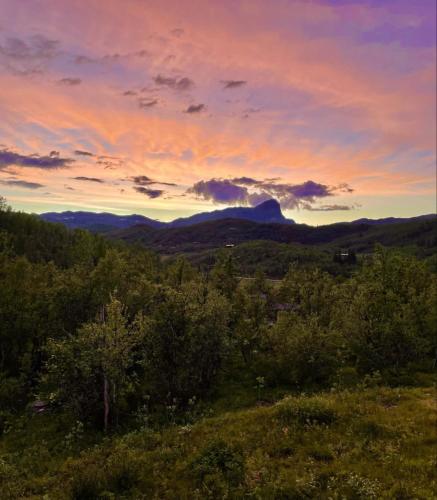a sunset over a field with trees and mountains at Koselig hytte på Beito in Beitostøl