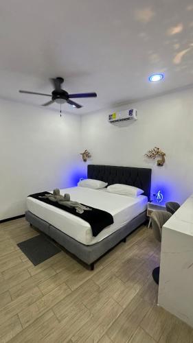a bedroom with a bed and a ceiling fan at H et L in Tortuguero