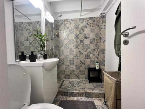 a bathroom with a toilet and a sink at Cosy studio Floreasca in Bucharest