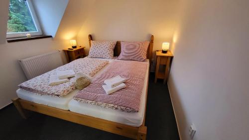 a small bedroom with a bed with pink and white sheets at Penzion Na Staré cestě in Deštné v Orlických horách