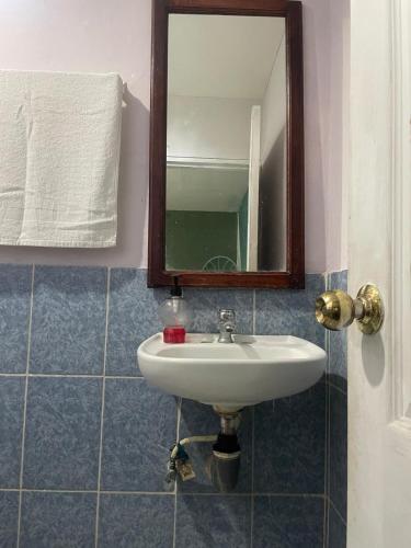 a bathroom with a white sink and a mirror at Green Hostel in Moyogalpa