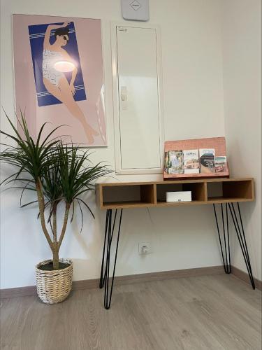 a desk with a potted plant next to a wall at Hypercentre, atypique, familial - L'écho in Pontarlier