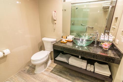 a bathroom with a toilet and a sink and a shower at Sonesta Posadas del Inca Puno in Puno