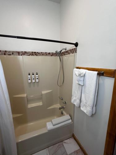 a bathroom with a shower and a tub and towels at Adobe Rose Boutique Inn in Artesia