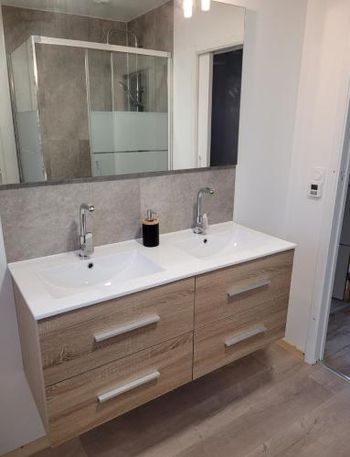 une salle de bain avec deux lavabos et un miroir dans l'établissement Maison moderne 3 chambres, calme et spacieuse, terrasse-parking gratuit, à Besançon
