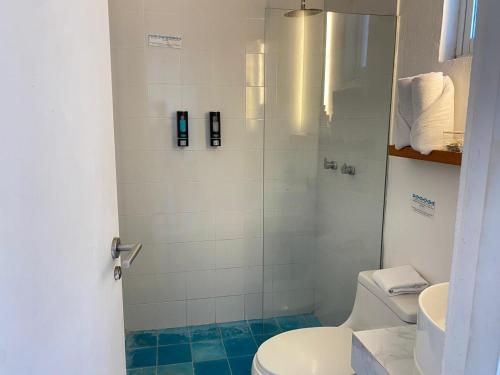 a bathroom with a shower with a toilet and a sink at Studios Downtown Cancun in Cancún