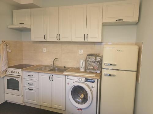 a kitchen with a white refrigerator and a washing machine at Penzion mezi zámky in Kostelec nad Orlicí