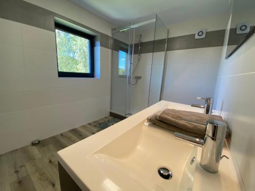 a bathroom with a sink with a mirror and a shower at Estrella dreams in Amblève