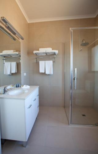 a bathroom with a shower and a sink at Mercure Port of Echuca in Echuca