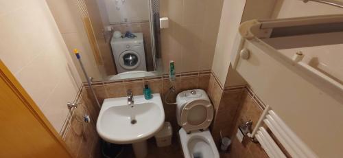 a small bathroom with a sink and a toilet at Paris 2 Night Private Parking in Niš