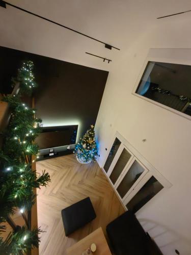 a living room with a christmas tree and a television at Moje srećno mesto in Arandjelovac