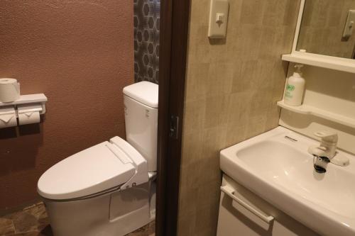 a bathroom with a toilet and a sink at Hotel Japan Shiga in Yamanouchi