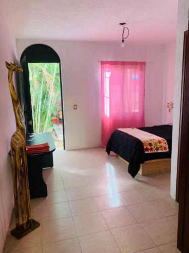 une chambre avec un lit et une grande fenêtre dans l'établissement Geranios, à Oaxaca