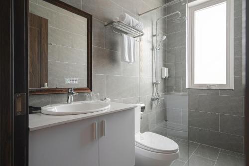 a bathroom with a toilet and a sink and a mirror at Dalat Roof Hotel in Da Lat