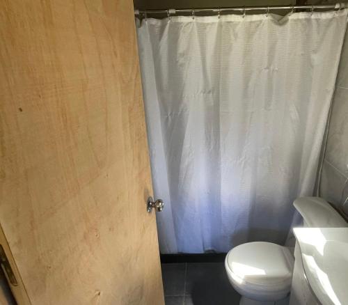 La salle de bains est pourvue de toilettes et d'un rideau de douche blanc. dans l'établissement Cabaña lo de Antonia, à Estación Costa Azul