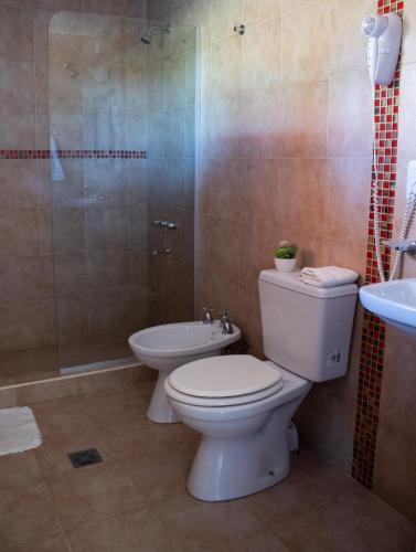 a bathroom with a toilet and a shower and a sink at Complejo de cabañas- Lomas del Sol in Los Reartes