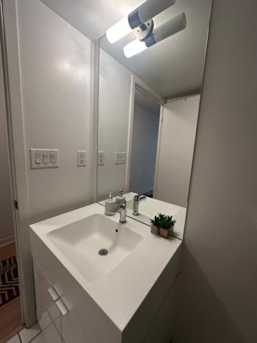 a bathroom with a white sink and a mirror at Downtown Toronto Condo Suite in Toronto
