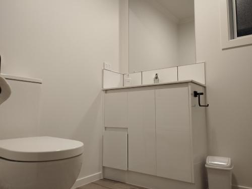 a white bathroom with a toilet and a sink at Rural Lifestyle Retreat in Bunnythorpe