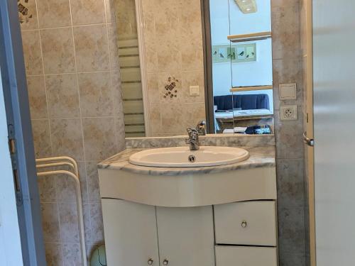 une salle de bain avec un lavabo et un miroir dans l'établissement Gîte montagne La Bresse, balcon, Wi-Fi, parking proche ski - FR-1-589-699, à La Bresse