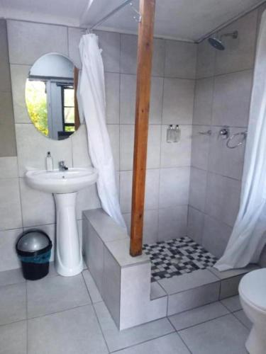 a bathroom with a sink and a shower and a toilet at Ikaya Accommodation PSJ in Port St Johns