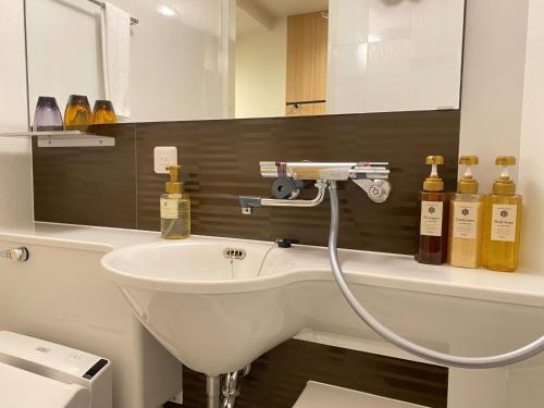 a bathroom with a white sink and a mirror at Compass Hotel Nagoya in Nagoya