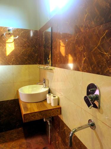 a bathroom with a sink and a mirror at Nikunj Safari Guest House Sauraha- A place where you can book jungle wildlife Safari in Sauraha