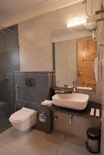 a bathroom with a sink and a toilet and a mirror at Hotel 17 Miles Stone, Manali By Shivaneel Hospitality in Manāli