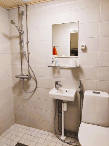 a bathroom with a shower and a toilet and a sink at Yyterin Kontu in Pori