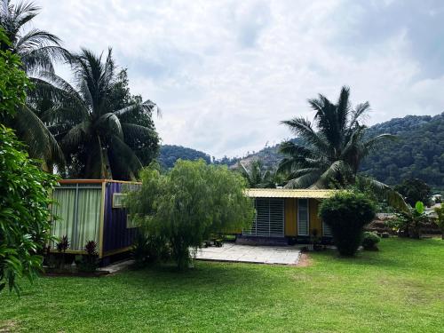 a house with palm trees in a yard at Purple Cube at Lumut Cube Homestay Kontena in Lumut