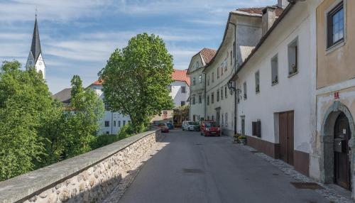 a street in a town with buildings and a church at Hiša Linhart Apartment in Radovljica