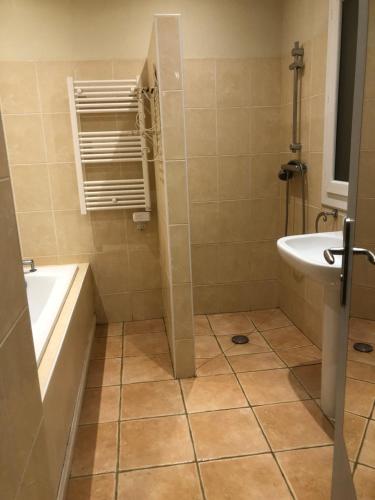 une salle de bain avec une baignoire, des toilettes et un lavabo dans l'établissement Maison à louer, à Casteljaloux