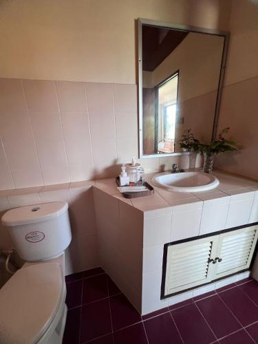 a bathroom with a toilet and a sink and a mirror at Baan Plumeria บ้านภูมิเรีย in Phetchaburi