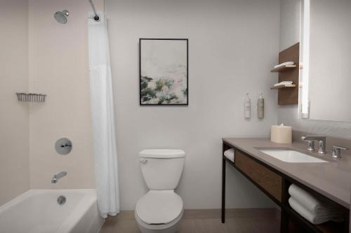a white bathroom with a toilet and a sink at Hilton Garden Inn Casper in Casper